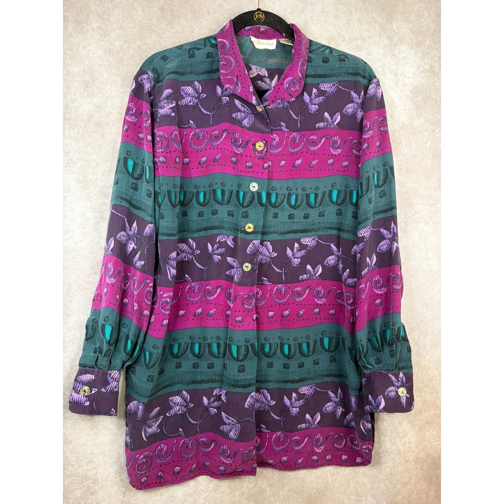 VTG Dana Buchman Button Down Shirt Women 6 Purple Silk Floral Abstract Blouse